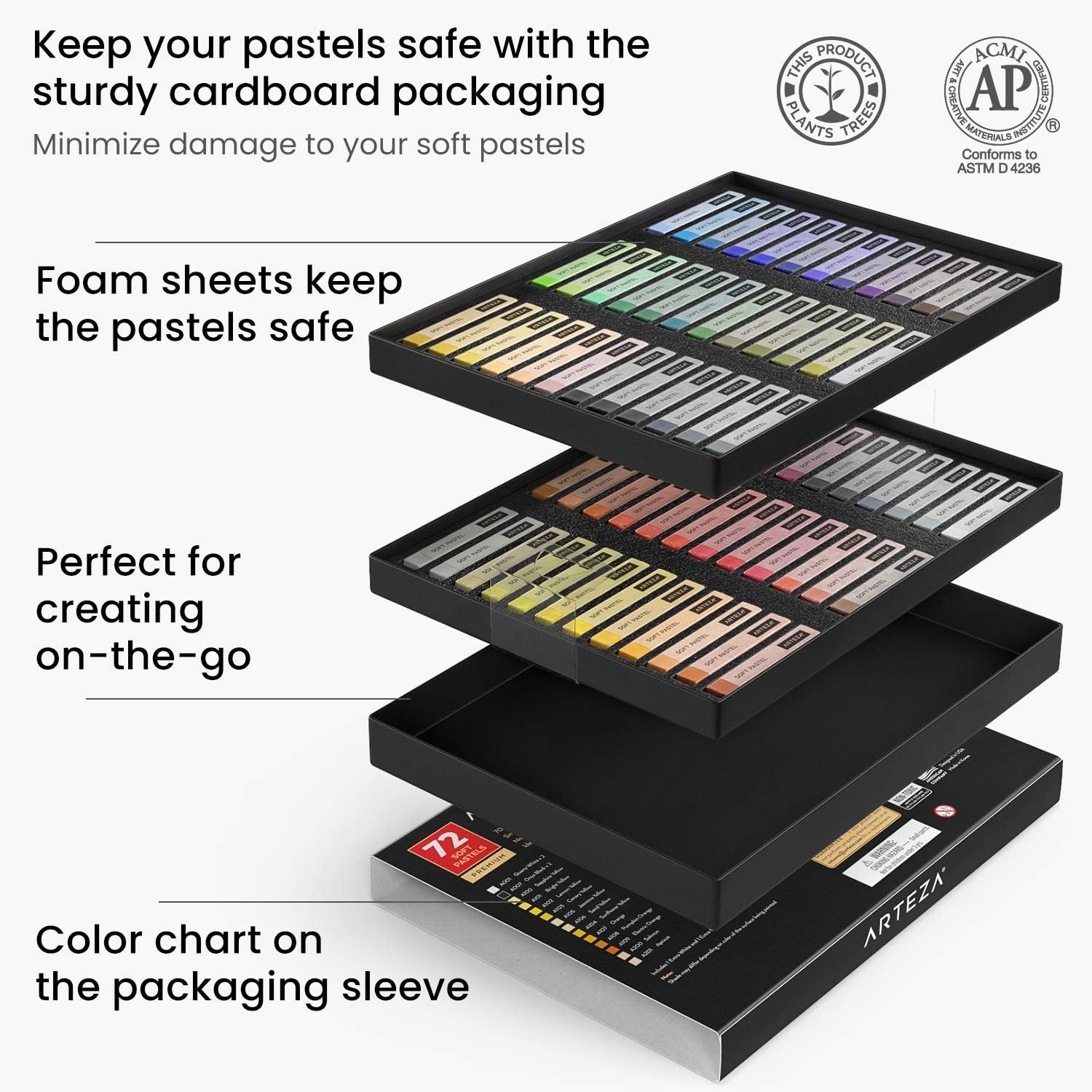 ARTEZA Soft Pastels for Artists, Set of 72 Chalk Pastels for Artists Sticks, Chalk Crayons